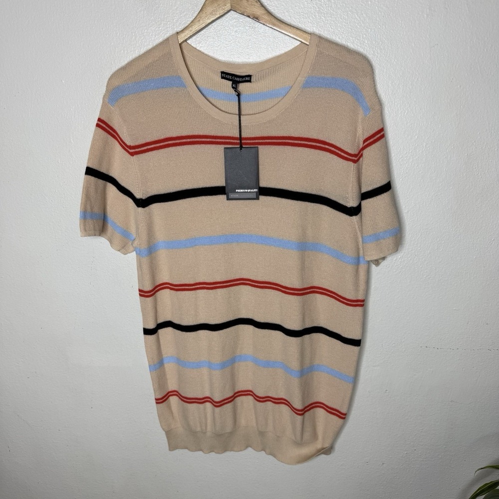 New State Cashmere Beige Red Blue Stripe Short Sleeve Sweater Top Women's XL